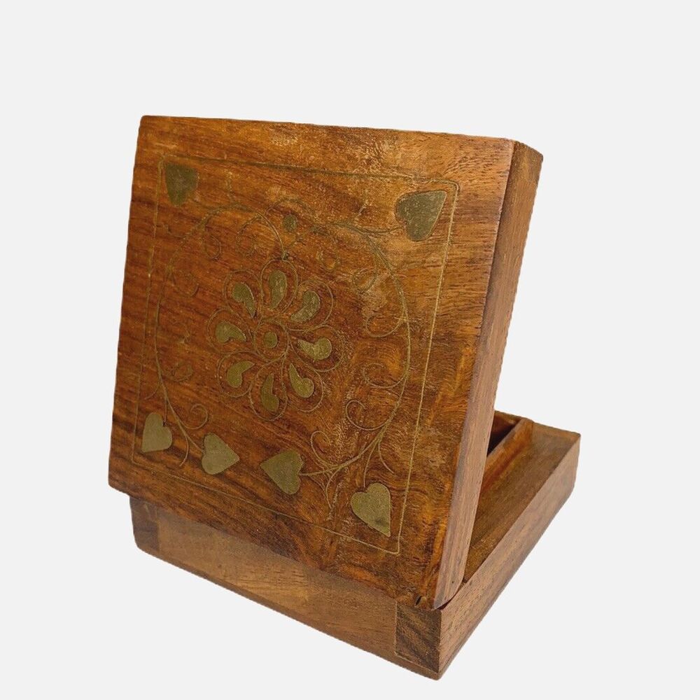 Archana Crafts Wooden Trinket‎ Jewelry Box Gold Design Hinged Top India Hearts